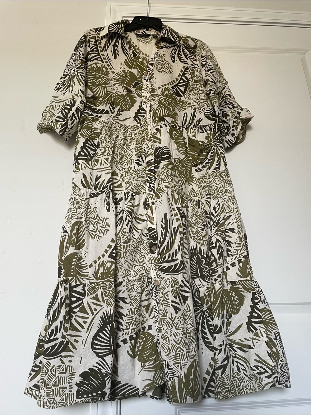 Mlle Gabrielle Green Midi Dress Size M Cottagecore Nature Boho Tiered Cotton